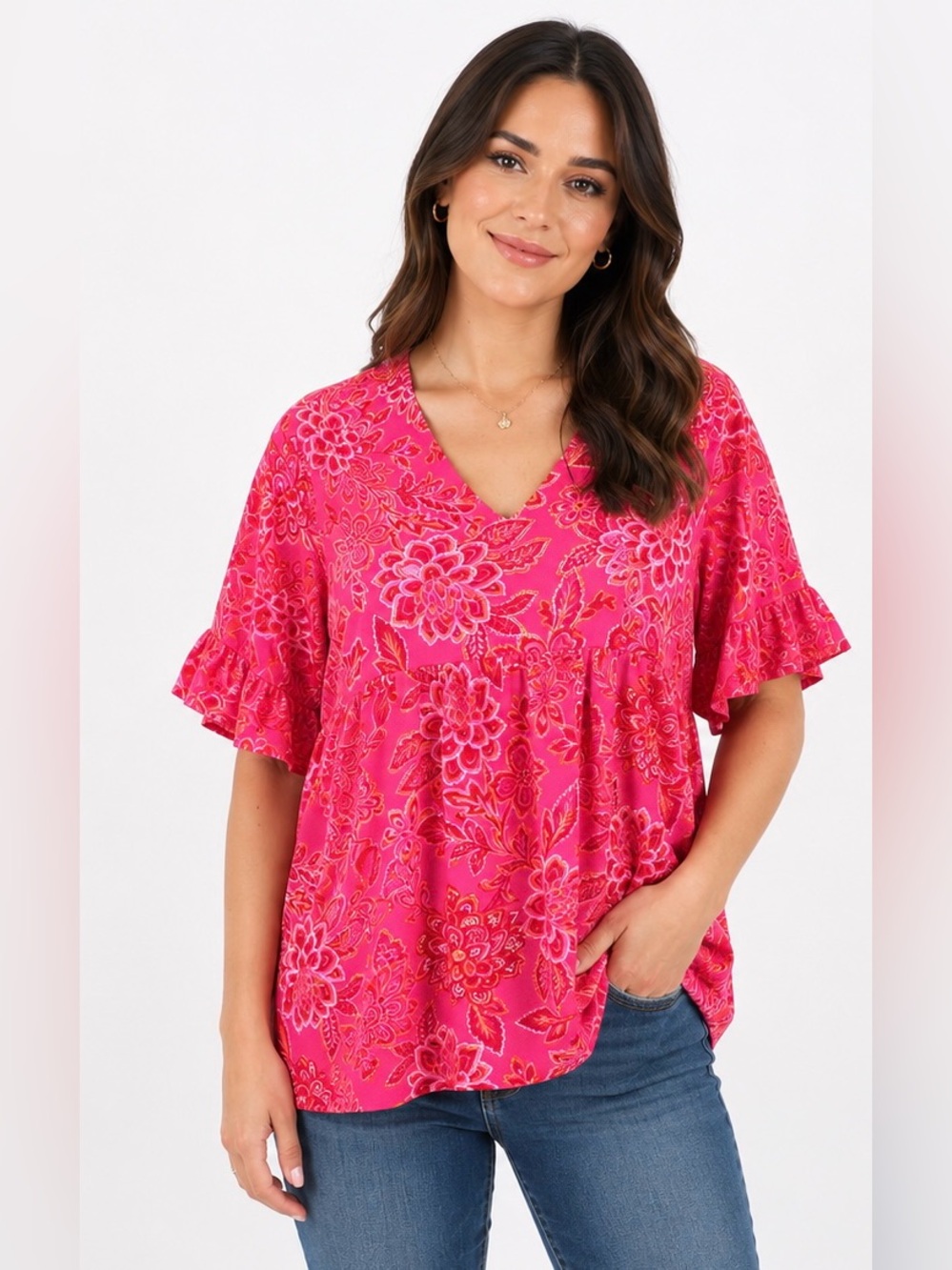 Emily Wonder • Women’s Pink Floral V-Neck Ruffle Sleeve Top • NWT •